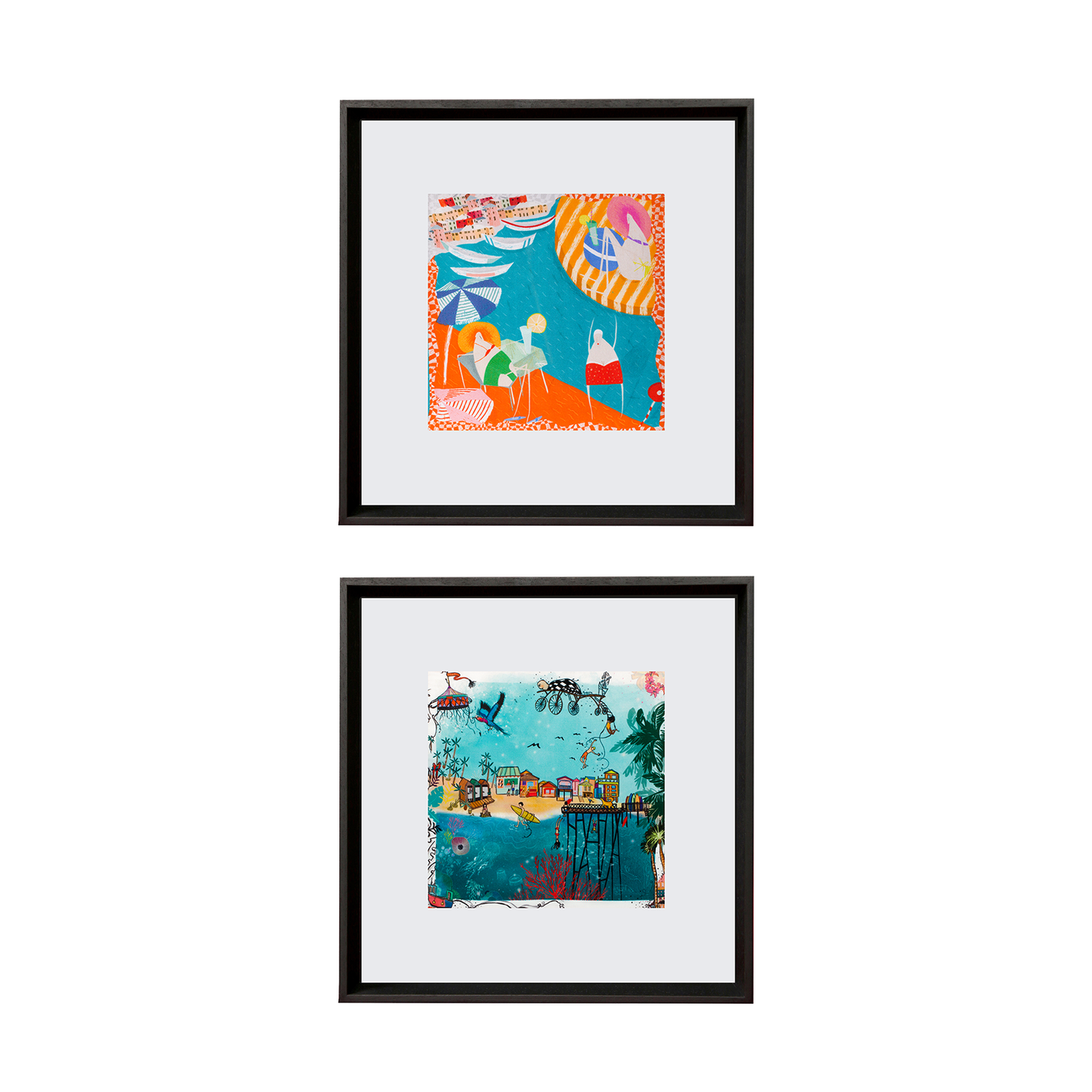 Hawaii & Amalfi Black Framed White Matted Silk Scarf Set