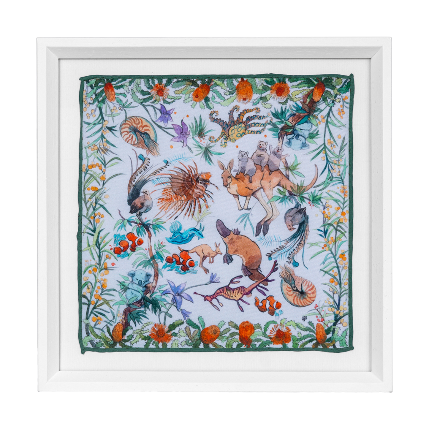 Australian Wildlife White Framed Silk Scarf