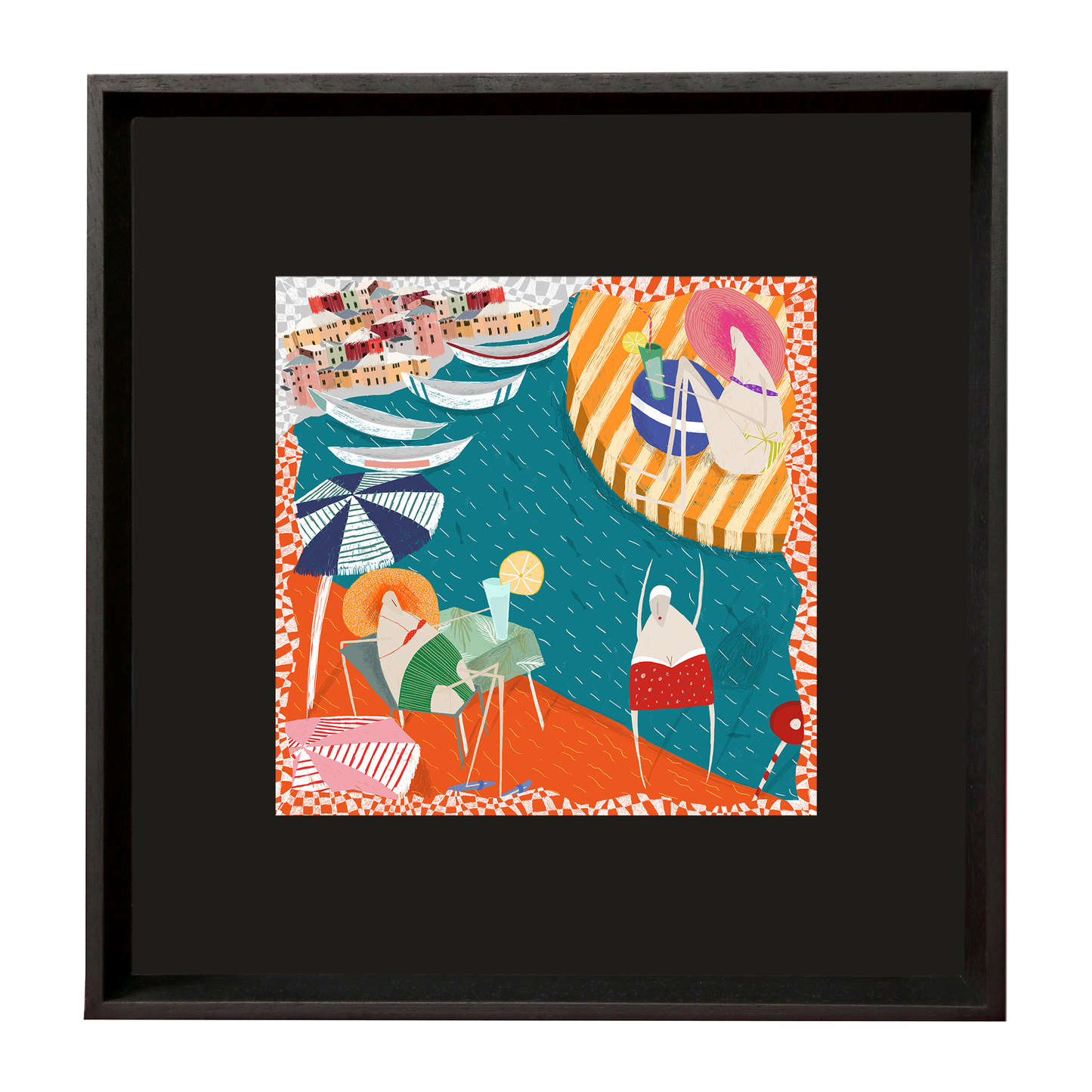 Amalfi Coast Large Black Framed Silk Scarf