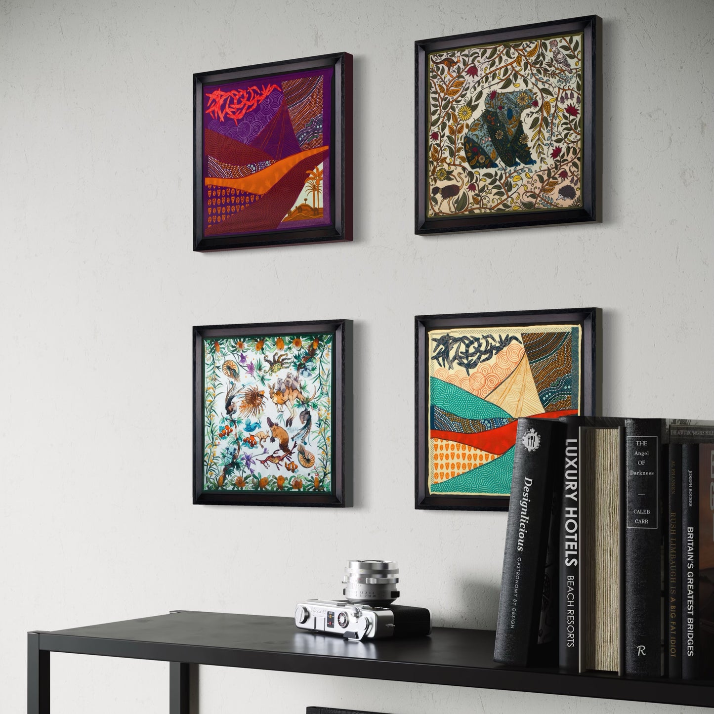 Australia Travel Black Framed Silk Scarf Set of 4