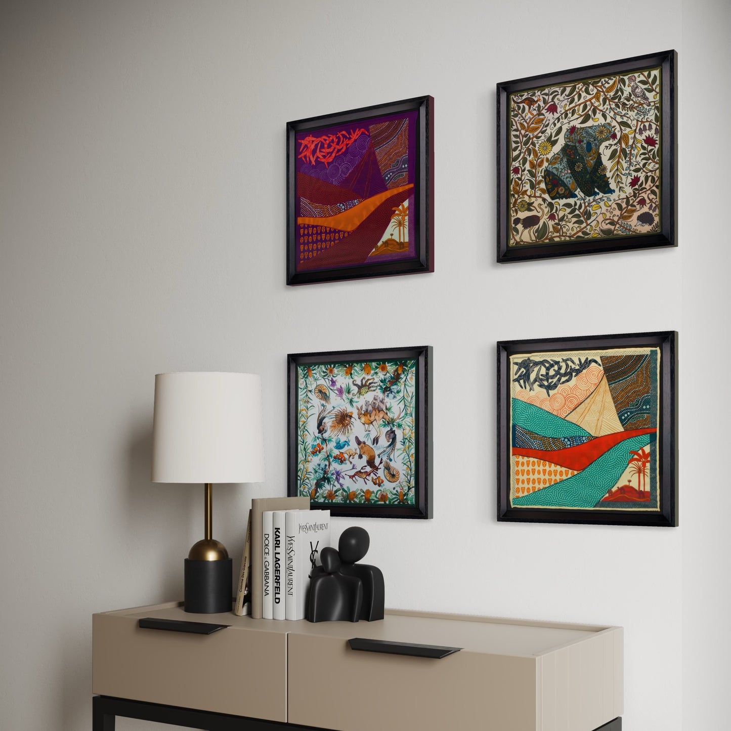 Australia Travel Black Framed Silk Scarf Set of 4