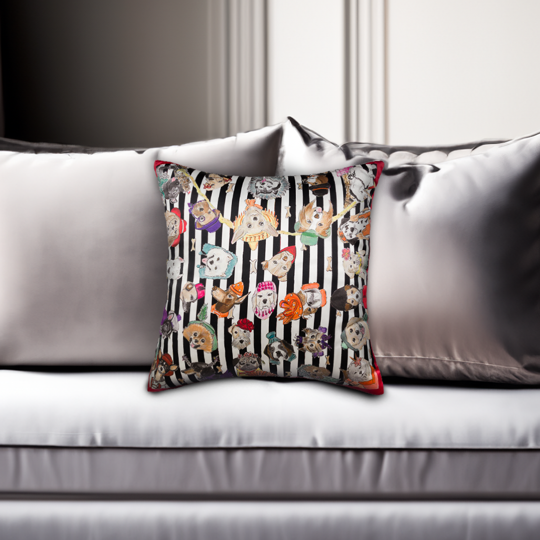 Striped Dog Pattern Silk Decorative Pillow