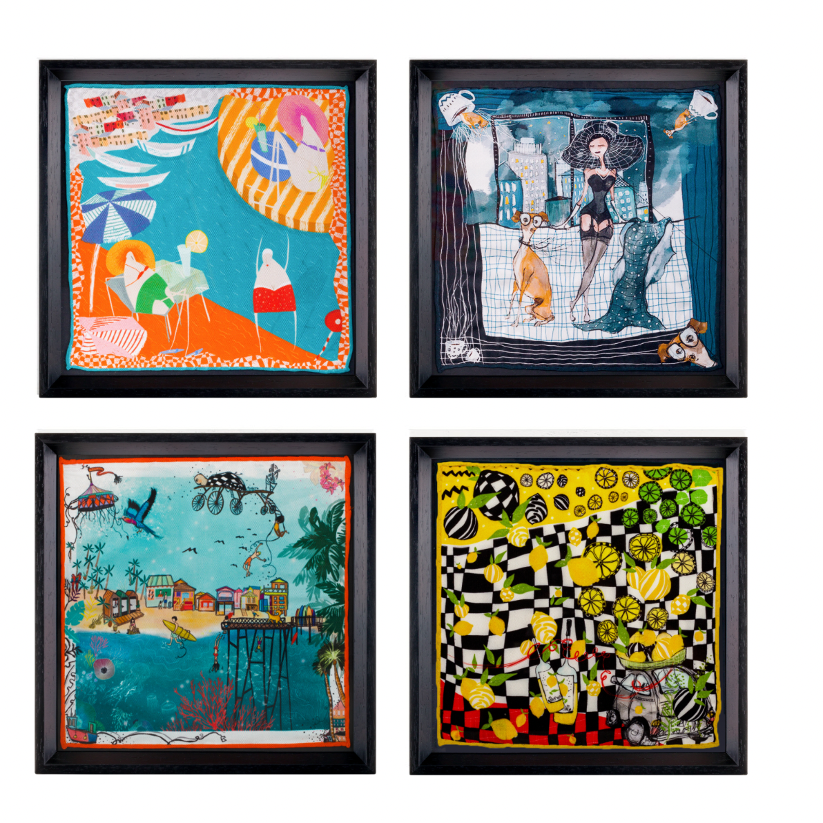 Italy Travel White Framed Silk Scarf Set of 4