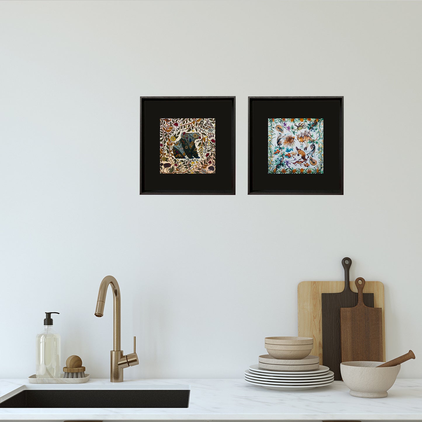 Koala & Australian Wildlife Black Matted Framed Silk Scarf 32"