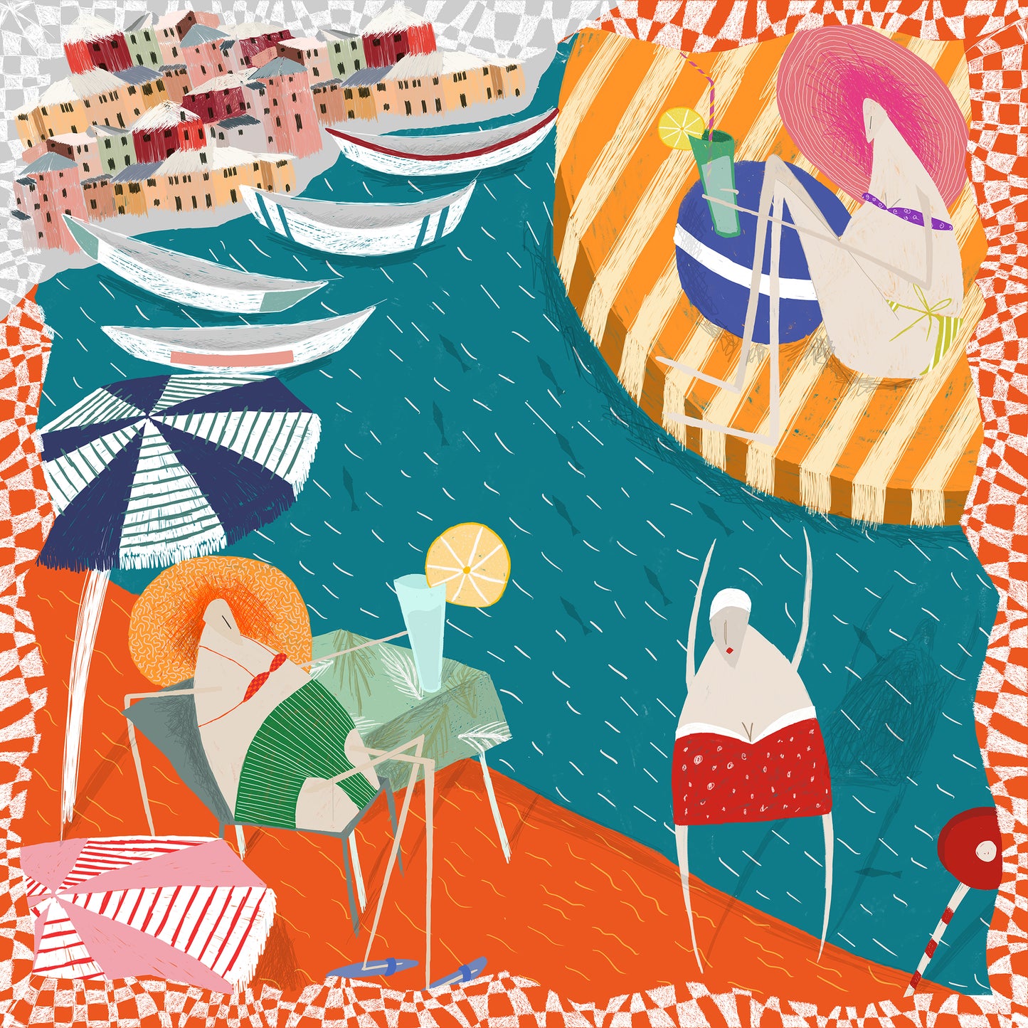 Italian Amalfi Coast White Framed Silk Scarf