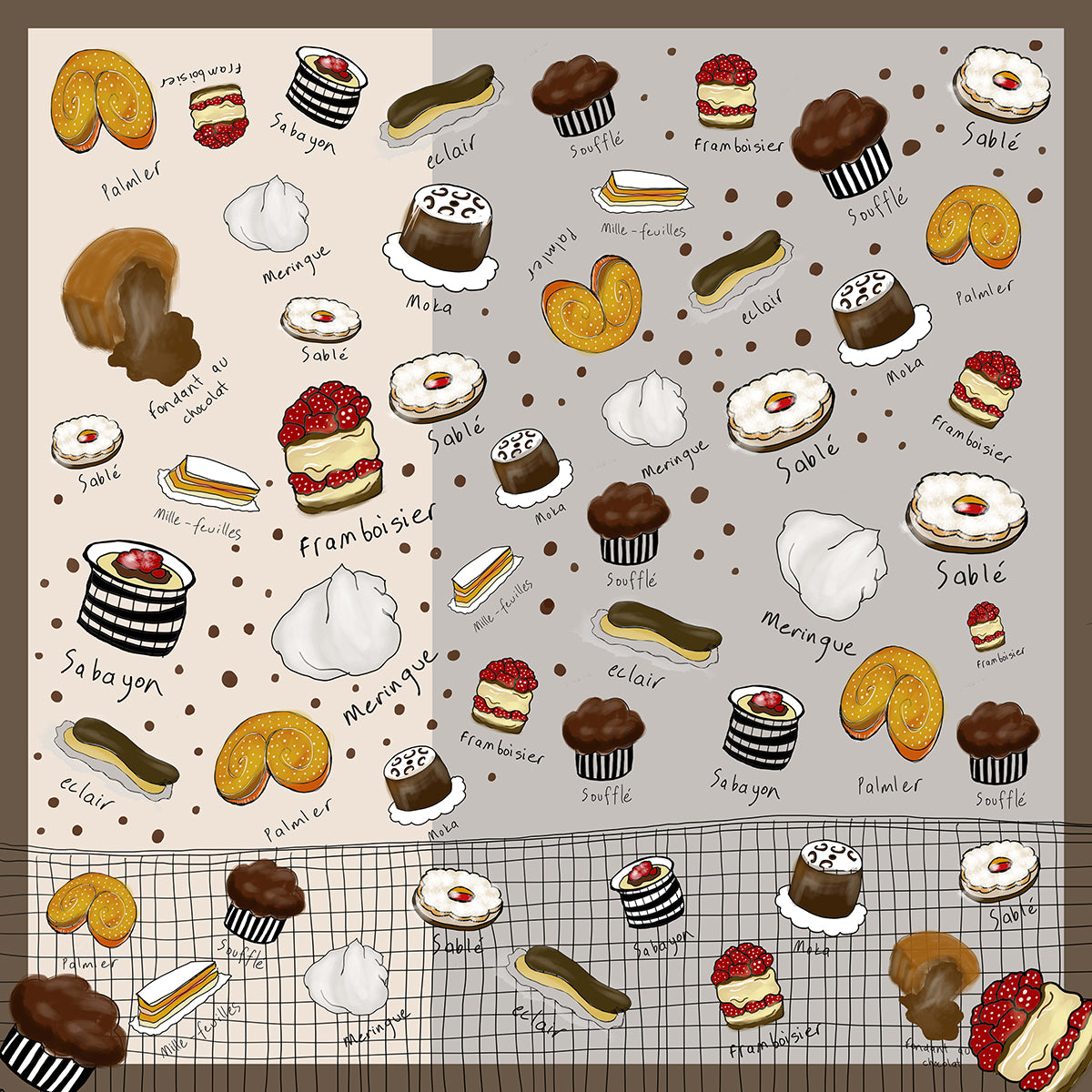 French Desserts White Framed Silk Scarf