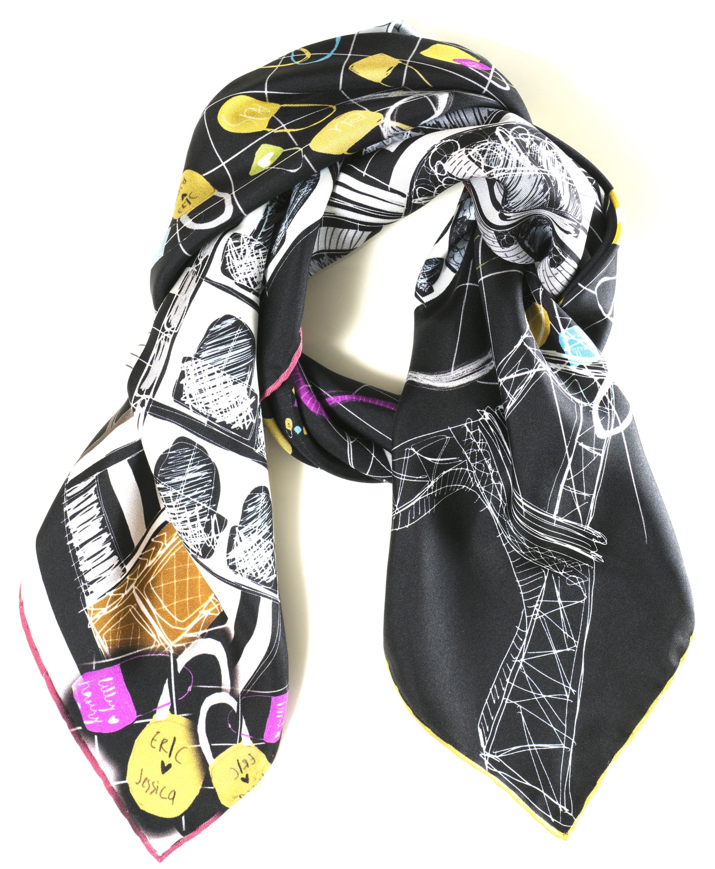 Paris Love Lock Bridge Siyah İpek Fular