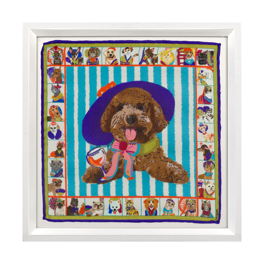 Parisian Poodle White Framed Silk Scarf