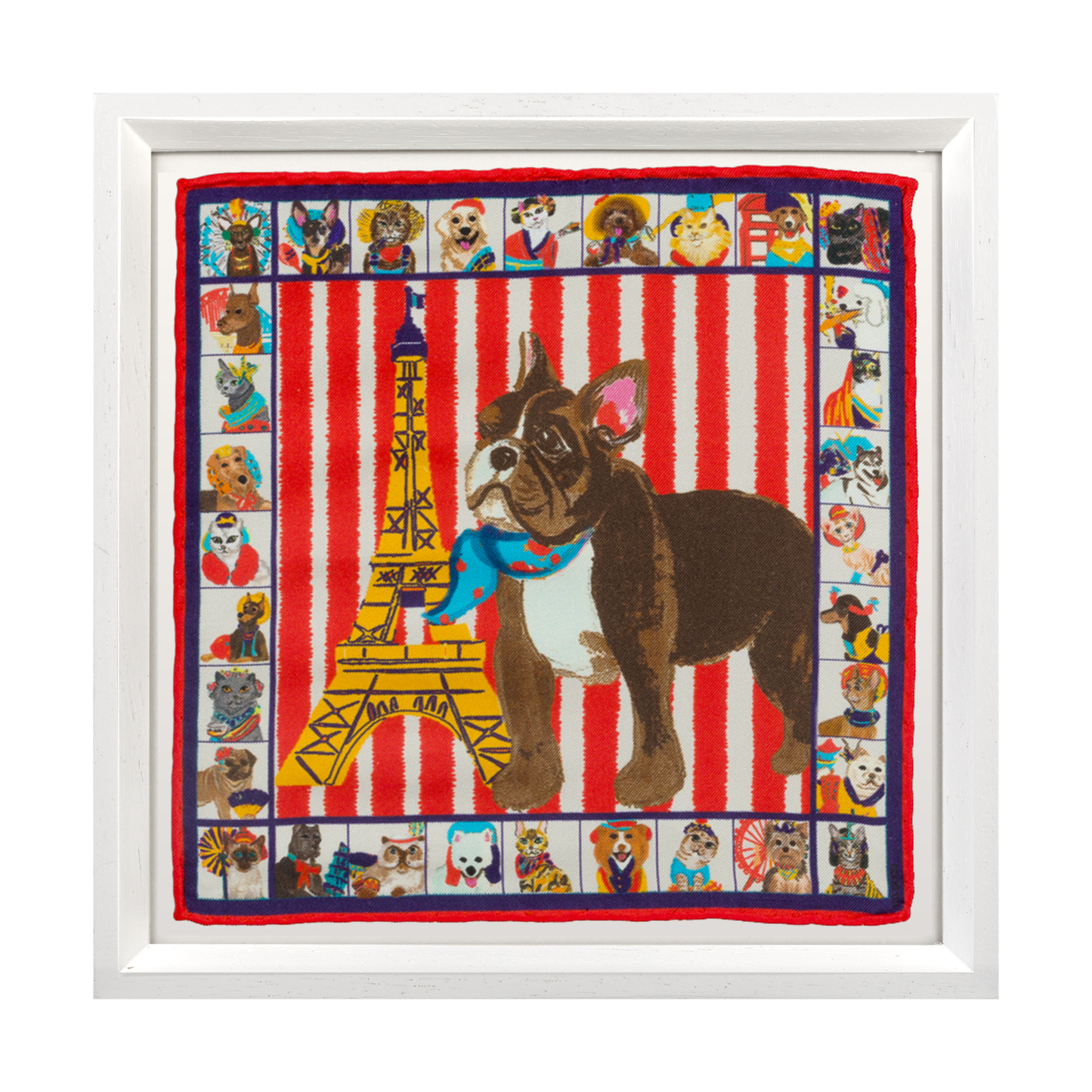 French Bulldog White Framed Silk Scarf