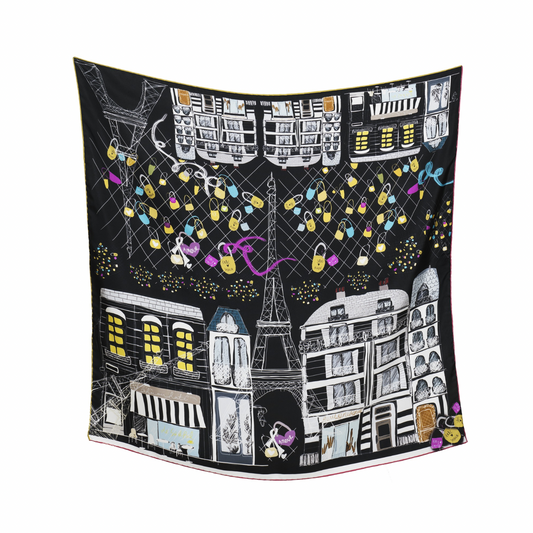 Paris Love Lock Bridge Siyah İpek Fular