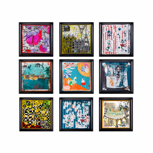 France Travel White Framed Silk Scarf Set of 4