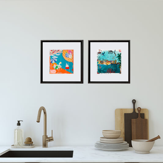 Hawaii & Amalfi Black Framed White Matted Silk Scarf Set